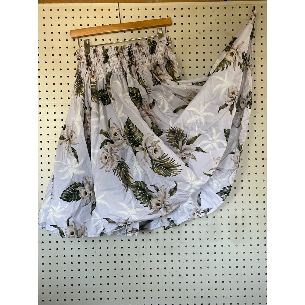 KY'S Hawaii White Orchid Hula Skirt One Size Cotton Smocked Elastic Waist White
